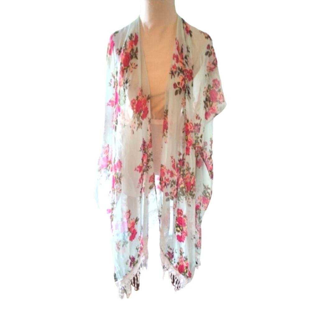 Kimono BEACH COVERUP Topper One Size Sea Mist Green Gypsy Boho LACE Long Coastal